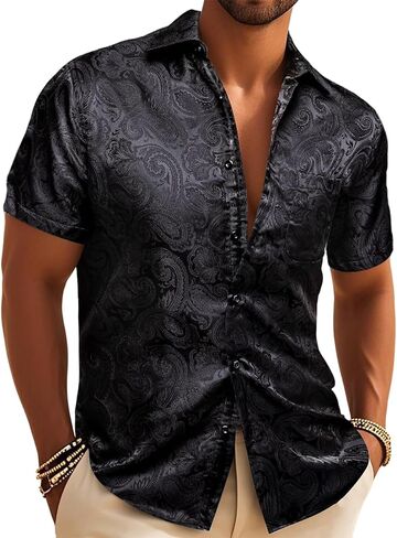 Barry.Wang Men's Silk Shirts Short Sleeve Western Designer Button Down Paisley Shirt Casual Beach Summer Party Mexico in Saudi Arabia