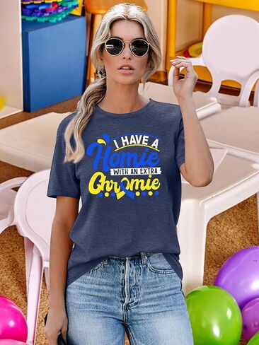 Down Syndrome Awareness Shirt for Women Down Right Amazing t-Shirt Yellow Blue Ribbon Print Short Sleeve Tee in Saudi Arabia