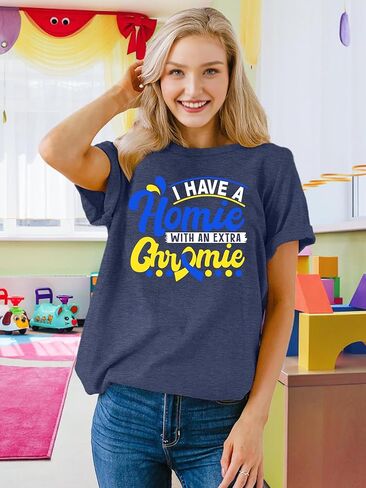 Down Syndrome Awareness Shirt for Women Down Right Amazing t-Shirt Yellow Blue Ribbon Print Short Sleeve Tee in Saudi Arabia