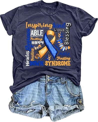 Down Syndrome Awareness Shirt for Women Down Right Amazing t-Shirt Yellow Blue Ribbon Print Short Sleeve Tee in Saudi Arabia