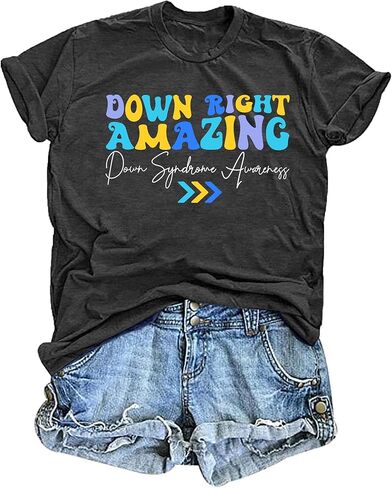 Down Syndrome Awareness Shirt for Women Down Right Amazing t-Shirt Yellow Blue Ribbon Print Short Sleeve Tee in Saudi Arabia