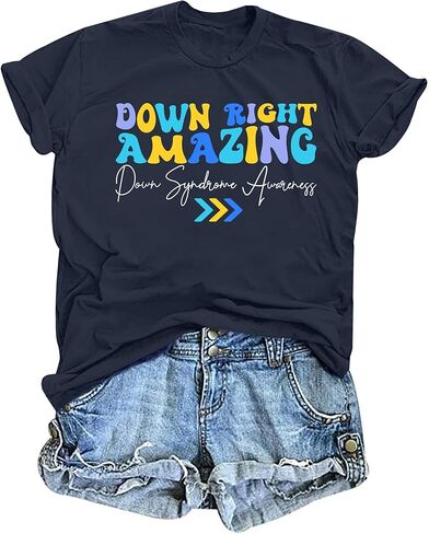 Down Syndrome Awareness Shirt for Women Down Right Amazing t-Shirt Yellow Blue Ribbon Print Short Sleeve Tee in Saudi Arabia