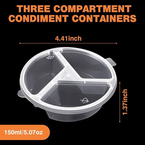 3 Compartment Condiment Containers with Lids Disposable Sauce Cups Small Plastic Snack Containers Portion Cups for Salsa Dips Dressing, 5 oz, 30 Pcs in Kuwait
