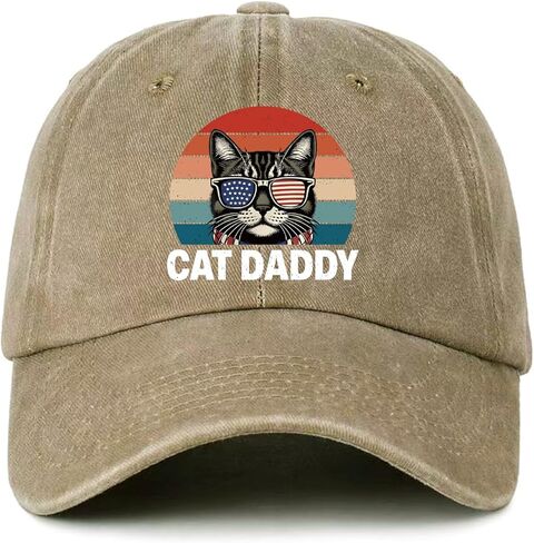 Funny Cat Baseball Cap Cat Daddy Printed Cotton Adjustable Hat for Men Vintage Distressed Washed Khaki Baseball Hat Great Birthday Gift for Dad Grandpa Friend Coworker Neighbor Cat Lover in Kuwait