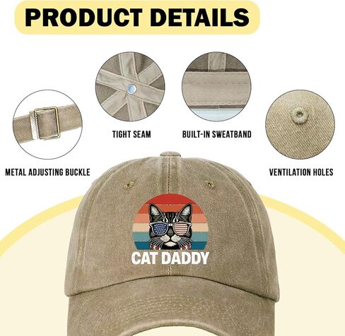 Funny Cat Baseball Cap Cat Daddy Printed Cotton Adjustable Hat for Men Vintage Distressed Washed Khaki Baseball Hat Great Birthday Gift for Dad Grandpa Friend Coworker Neighbor Cat Lover in Kuwait
