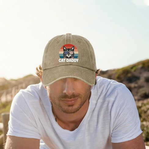 Funny Cat Baseball Cap Cat Daddy Printed Cotton Adjustable Hat for Men Vintage Distressed Washed Khaki Baseball Hat Great Birthday Gift for Dad Grandpa Friend Coworker Neighbor Cat Lover in Kuwait
