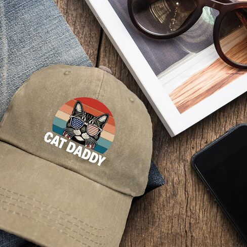 Funny Cat Baseball Cap Cat Daddy Printed Cotton Adjustable Hat for Men Vintage Distressed Washed Khaki Baseball Hat Great Birthday Gift for Dad Grandpa Friend Coworker Neighbor Cat Lover in Kuwait