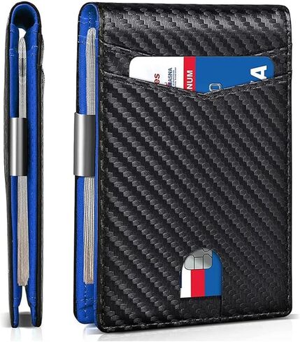 Men's Minimalist RFID Blocking Wallet, Ultra-Slim Microfiber Card Holder with Spacious Capacity & Money Clip, Lightweight Travel-Friendly Design (Carbon black+blue) in Saudi Arabia