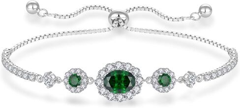 925 Sterling Silver Birthstone Bracelets for Women, Adjustable Halo Cubic Zirconia CZ Bracelet Anniversary Birthday Jewerly for Mom Wife in Kuwait