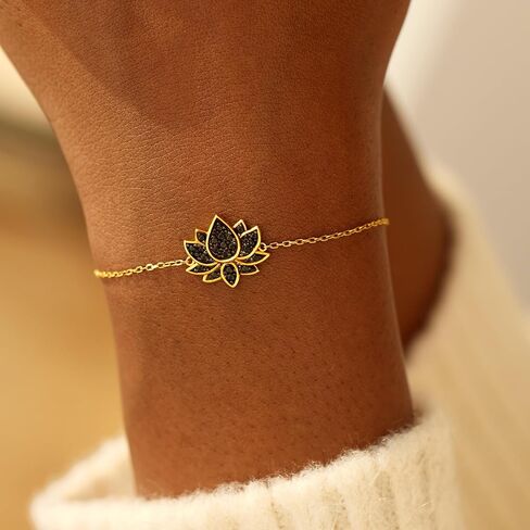 STORYJEWELLERY Lotus Charm Bracelets for Women, 18K Gold Plated Bracelet, Dainty Black Bracelets for Women Adorned with Cubic Zirconia, Perfect Gifts for Birthday, Mother's Day in Saudi Arabia