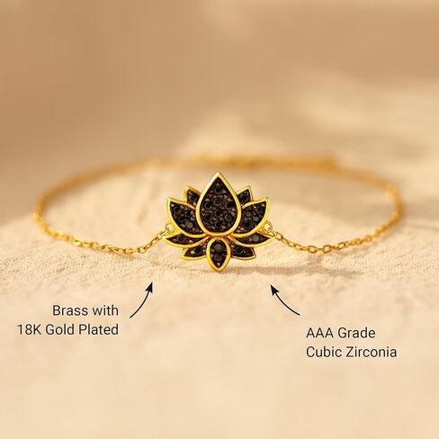 STORYJEWELLERY Lotus Charm Bracelets for Women, 18K Gold Plated Bracelet, Dainty Black Bracelets for Women Adorned with Cubic Zirconia, Perfect Gifts for Birthday, Mother's Day in Saudi Arabia