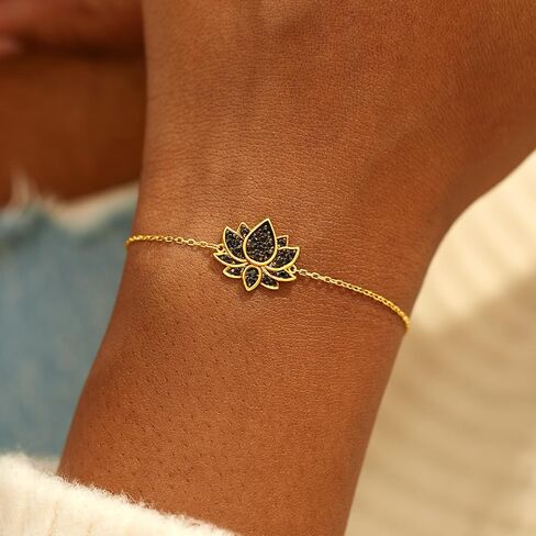 STORYJEWELLERY Lotus Charm Bracelets for Women, 18K Gold Plated Bracelet, Dainty Black Bracelets for Women Adorned with Cubic Zirconia, Perfect Gifts for Birthday, Mother's Day in Saudi Arabia