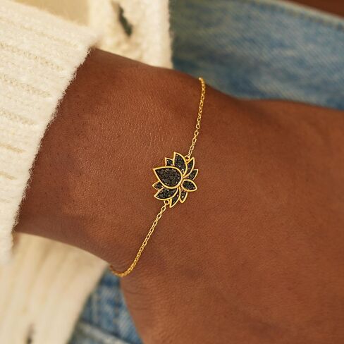 STORYJEWELLERY Lotus Charm Bracelets for Women, 18K Gold Plated Bracelet, Dainty Black Bracelets for Women Adorned with Cubic Zirconia, Perfect Gifts for Birthday, Mother's Day in Saudi Arabia