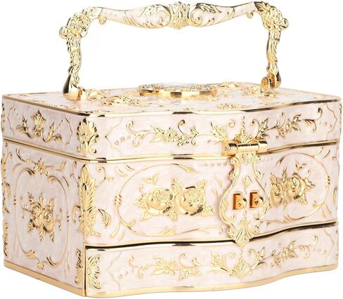 Vintage Jewelry Box, 3 Layers Small Trinket Box with Handle, Rectangular Trinket Organizer Storage Box Treasure Chest Box Jewelry Decorative Box Jewelry Box Gift Box Case (White) in Saudi Arabia