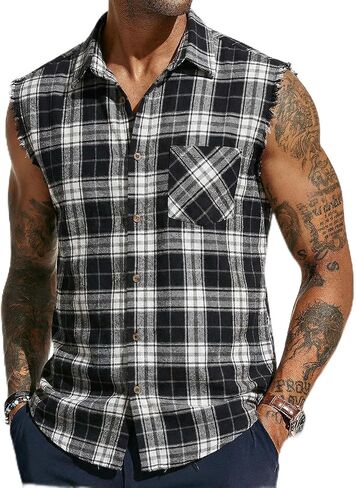 Runcati Men's Sleeveless Plaid Shirts Button Down Casual Flannel Cowboy Vest Shirt Cotton Tops with Pocket in Saudi Arabia