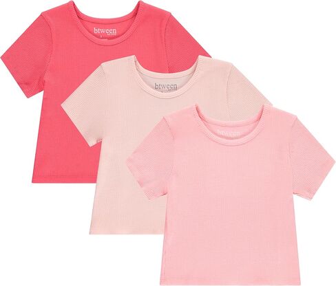 BTween Active Girls T-Shirts 3 Pack – Short Sleeve Ribbed Crewneck Tees, Soft Stretch Casual Everyday Tops for Girls in Saudi Arabia