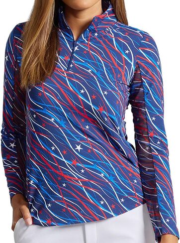 IBKUL Athleisure Wear Sun Protective UPF 50+ Icefil Cooling-Patriotic Confetti Print Long Sleeve Mock Neck Top-10091 in Kuwait