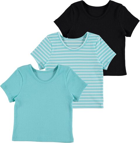 BTween Active Girls T-Shirts 3 Pack – Short Sleeve Ribbed Crewneck Tees, Soft Stretch Casual Everyday Tops for Girls in Saudi Arabia