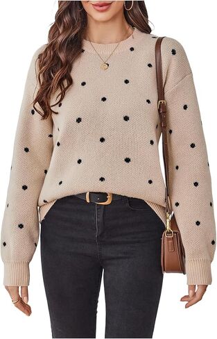 MakeMeChic Women's Polka Dots Sweaters Long Sleeve Round Neck Knitted Pullover Tops in Kuwait