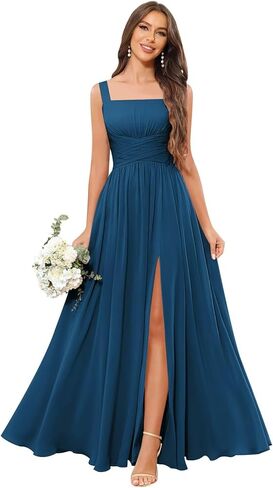 Women's Square Neck Chiffon Bridesmaid Dresses with Pockets Pleated A Line Formal Evening Dresses with Slit in Kuwait