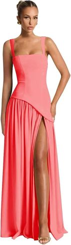 Women's Satin Bridesmaid Dresses with Slit Square Neck Long Formal Corset Dress Evening Gown in Kuwait