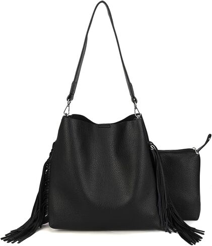 Black Faux Leather Hobo Shoulder Bag with Tassel, Stylish Purse & Handbag for Women, Lightweight Large Tote with 2PC in Saudi Arabia