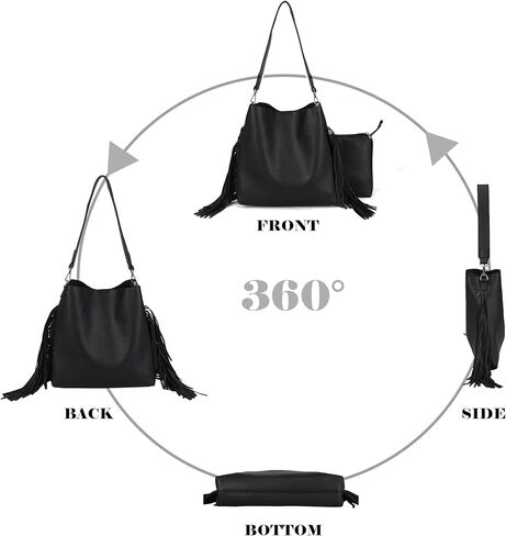 Black Faux Leather Hobo Shoulder Bag with Tassel, Stylish Purse & Handbag for Women, Lightweight Large Tote with 2PC in Saudi Arabia