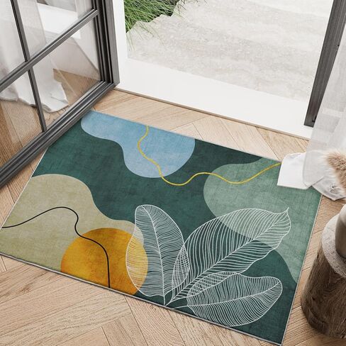 Green Boho Area Rug 2x3 Mid Century Modern Small Carpet Machine Washable Door Mat Low Pile Floor Rugs Tropical Leaves Indoor Print Soft Non Slip Rug for Entryway Bathroom Kitchen Home Decor 2'x3' in Saudi Arabia