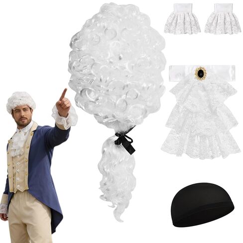 شعر مستعار على الطراز الاستعماري من GYQMBT، إكسسوارات أزياء الآباء المؤسسين، مجموعة شعر مستعار للقاضي مع ربطة عنق من الدانتيل وأساور أكمام من الدانتيل. in Kuwait