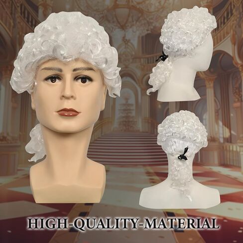 شعر مستعار على الطراز الاستعماري من GYQMBT، إكسسوارات أزياء الآباء المؤسسين، مجموعة شعر مستعار للقاضي مع ربطة عنق من الدانتيل وأساور أكمام من الدانتيل. in Kuwait