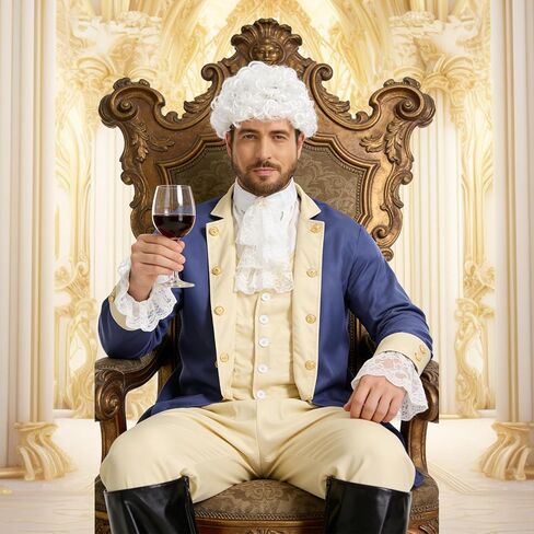 شعر مستعار على الطراز الاستعماري من GYQMBT، إكسسوارات أزياء الآباء المؤسسين، مجموعة شعر مستعار للقاضي مع ربطة عنق من الدانتيل وأساور أكمام من الدانتيل. in Kuwait