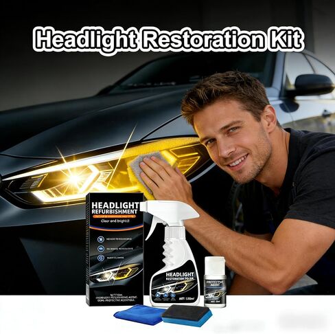 مجموعة ترميم المصابيح الأمامية الأكثر سطوعًا 10 مرات - منظف ومانع تسرب للمصابيح الأمامية من الدرجة الاحترافية، يعمل على إصلاح العدسات الغائمة الصفراء إلى الكريستال الشفاف في 5 دقائق، ملحقات السيارة ومستلزمات تنظيف السيارة من أجل سلامة القيادة الليلية in Kuwait