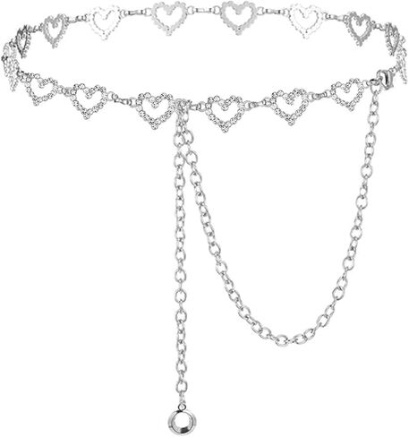 Abien Waist Chain Belt for Women Heart Rhinestone Chain Belt Gold Silver Body Chain Metal Belly Chain for Dresses Jeans in Kuwait