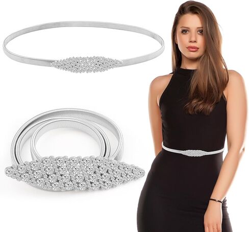Women's Skinny Metal Waist Belt,Elastic Rhinestone Chain Belt for Dresses,Adjustable Shiny Waistband for Wedding in Kuwait