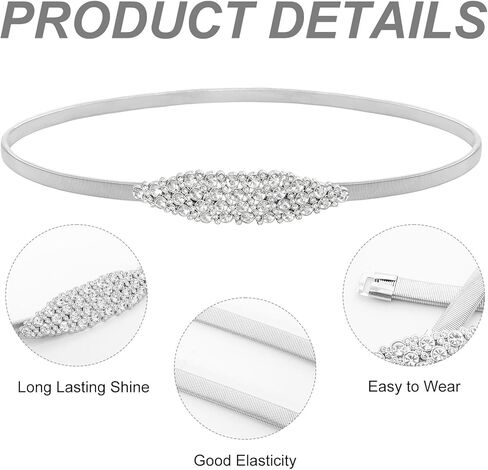 Elastic Metal Silver Waist Belt Thin Spring Waistband with Rhinestone for Women Dresses Shirts Dating Stretch Chain in Kuwait