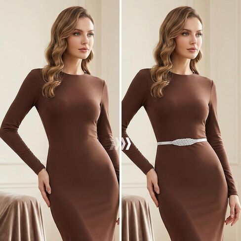 Elastic Metal Silver Waist Belt Thin Spring Waistband with Rhinestone for Women Dresses Shirts Dating Stretch Chain in Kuwait