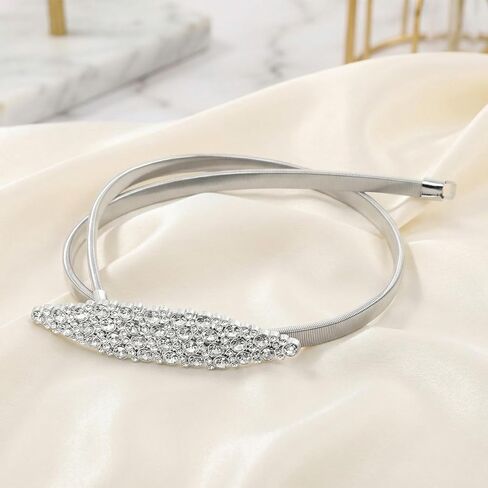 Elastic Metal Silver Waist Belt Thin Spring Waistband with Rhinestone for Women Dresses Shirts Dating Stretch Chain in Kuwait