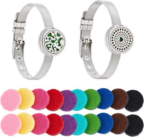 2 Styles Essential Oil Diffuser Bracelet 8.82 inch Aromatherapy Locket Adjustable Bracelet Stainless Steel Watch Band Bracelets with 20Pcs Washable Refill Pads for Women Men Friends in Saudi Arabia