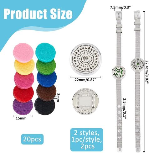 2 Styles Essential Oil Diffuser Bracelet 8.82 inch Aromatherapy Locket Adjustable Bracelet Stainless Steel Watch Band Bracelets with 20Pcs Washable Refill Pads for Women Men Friends in Saudi Arabia