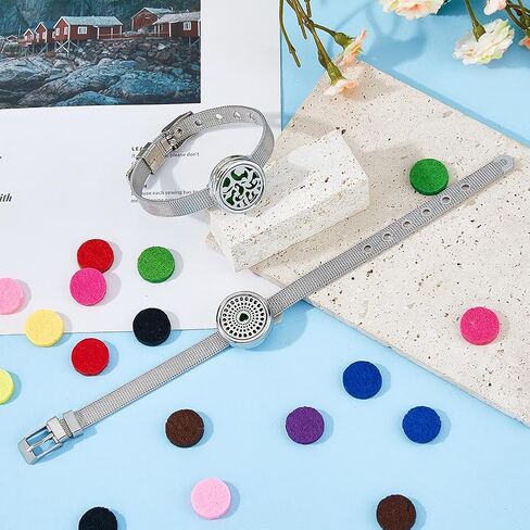 2 Styles Essential Oil Diffuser Bracelet 8.82 inch Aromatherapy Locket Adjustable Bracelet Stainless Steel Watch Band Bracelets with 20Pcs Washable Refill Pads for Women Men Friends in Saudi Arabia