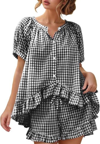 Wyeysyt Womens Gingham Pajamas Set 2 Piece Pj Sets Ruffle Babydoll Shirt and Plaid Shorts(Black-XL) in Kuwait