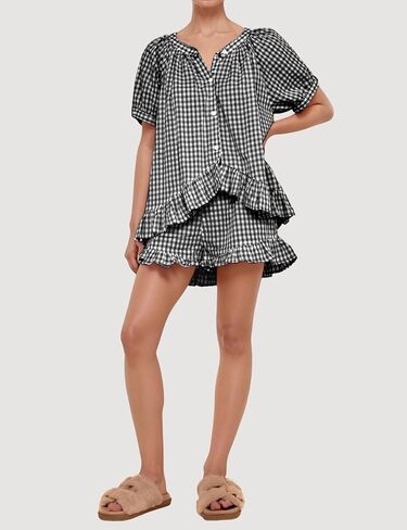 Wyeysyt Womens Gingham Pajamas Set 2 Piece Pj Sets Ruffle Babydoll Shirt and Plaid Shorts(Black-XL) in Kuwait