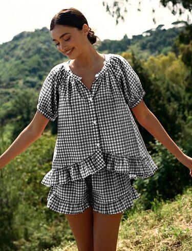 Wyeysyt Womens Gingham Pajamas Set 2 Piece Pj Sets Ruffle Babydoll Shirt and Plaid Shorts(Black-XL) in Kuwait