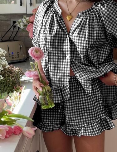 Wyeysyt Womens Gingham Pajamas Set 2 Piece Pj Sets Ruffle Babydoll Shirt and Plaid Shorts(Black-XL) in Kuwait