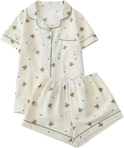 Cute Polka Dot Bear Pajama Set – Summer Student Style Cardigan Short-Sleeved Shorts Set – Soft and Comfortable Loungewear in Saudi Arabia