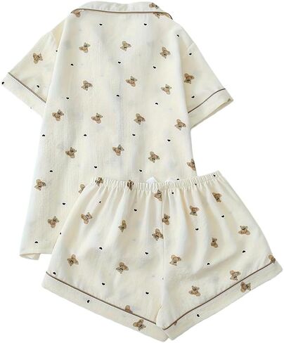 Cute Polka Dot Bear Pajama Set – Summer Student Style Cardigan Short-Sleeved Shorts Set – Soft and Comfortable Loungewear in Saudi Arabia