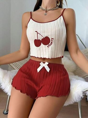 Cute Pajamas for Women Strawberry Print PJ Set Crop Cami Tops and Shorts Set 2 Piece Lounge Sets in Saudi Arabia