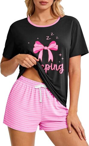 Womens Pajama Sets 2 Piece Summer Pajamas for Women Soft Short Sleeve Top and Shorts Sleepwear Round Neck Pjs in Saudi Arabia
