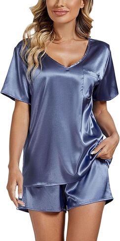 Women's Satin Silky Pajamas V Neck Short Sleeve T-Shirt with Shorts Sleepwear PJ Set in Saudi Arabia