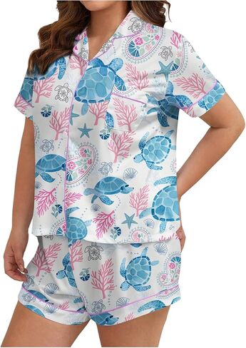 WDIRARA Women's Plus Size Sea Turtle 2 Piece Pajama Set Cute Short Sleeve Button Down Shorts Pjs Sleepwear in Saudi Arabia